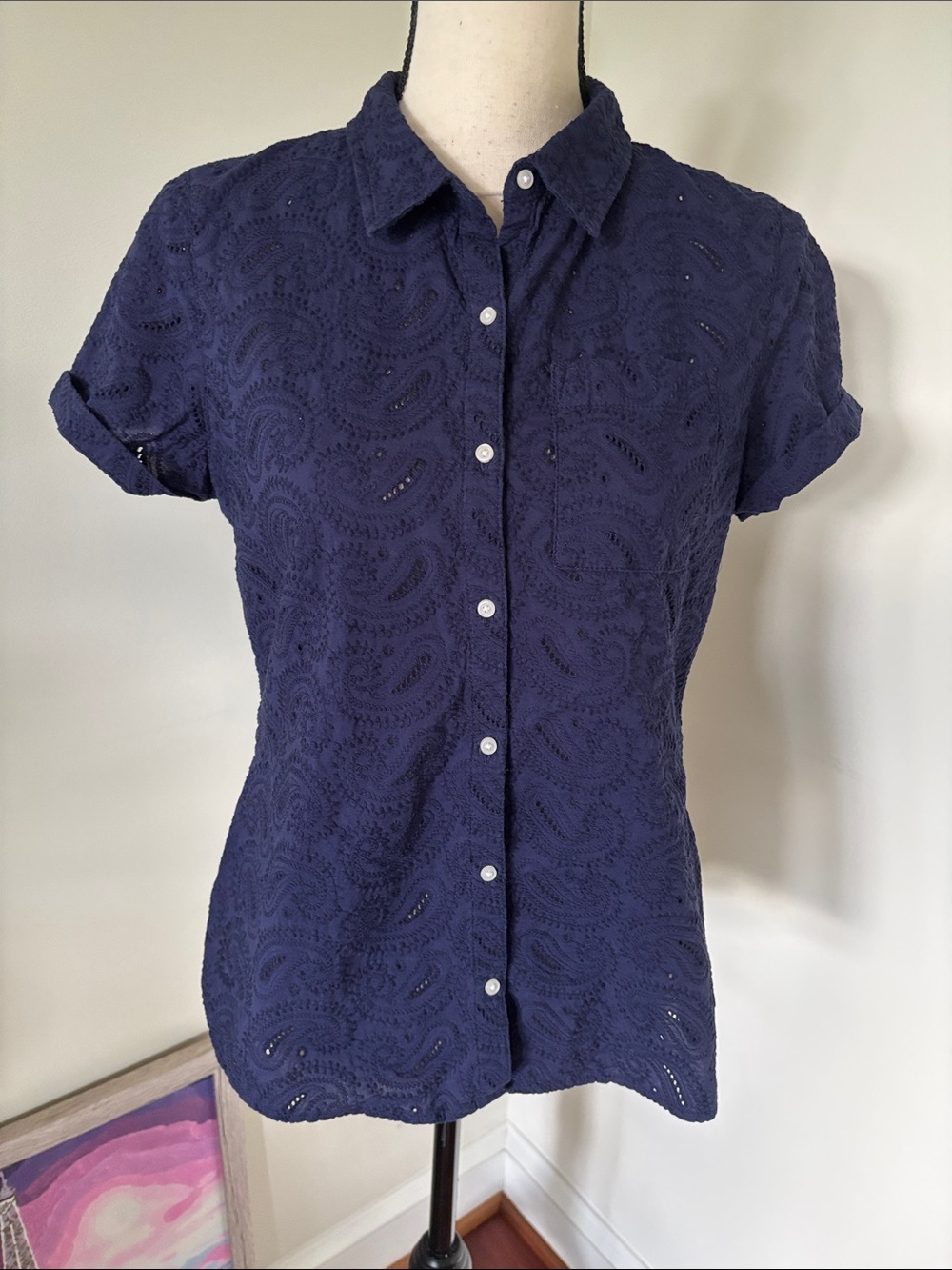 Tommy Hilfiger Navy Eyelet Button-Up Short Sleeve Top S/P